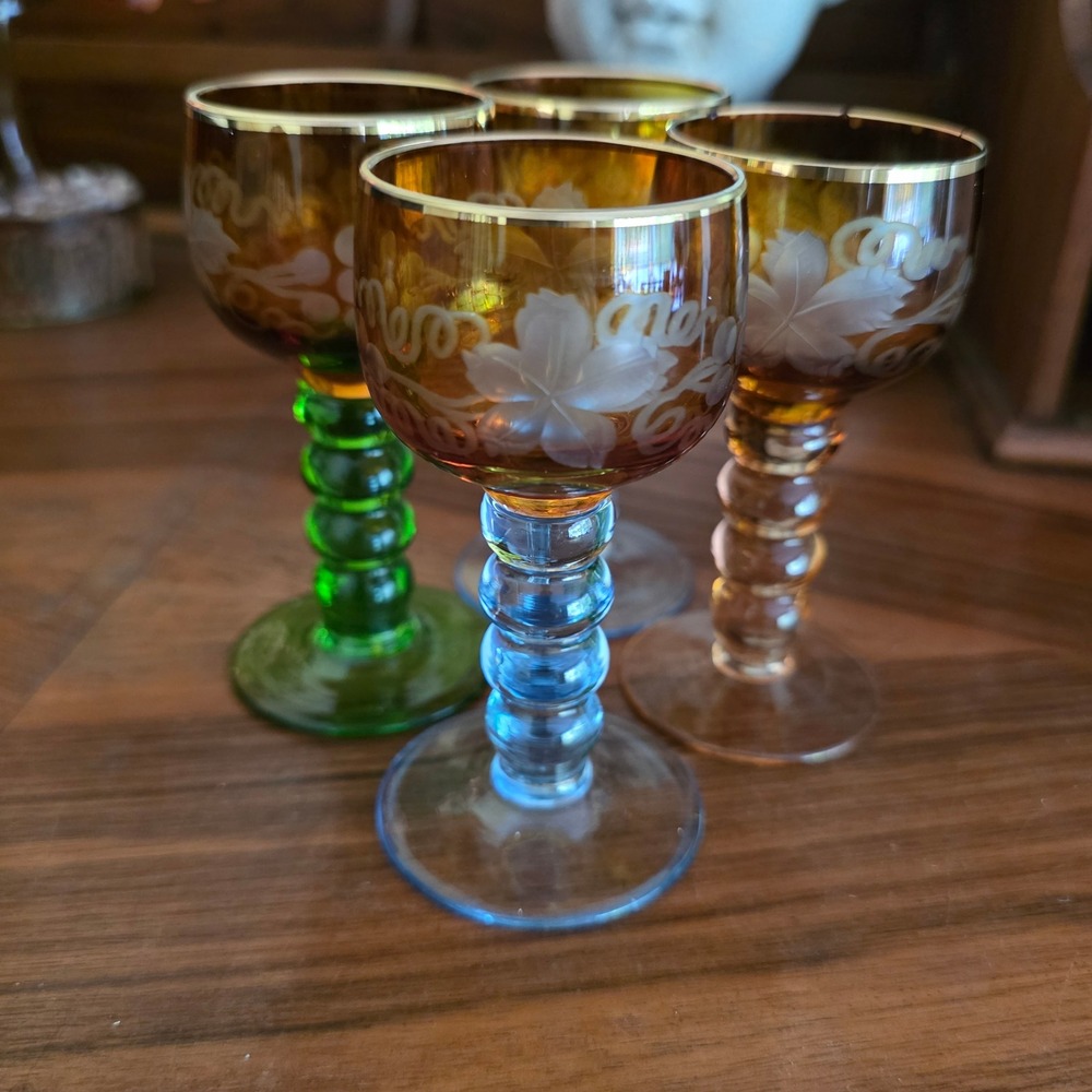 Vintage Czech Etched Amber Cordial Glasses Gold Rim Multi Color Set of 4